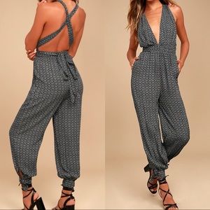 Lulus Take a Trip Black Print Halter Jumpsuit